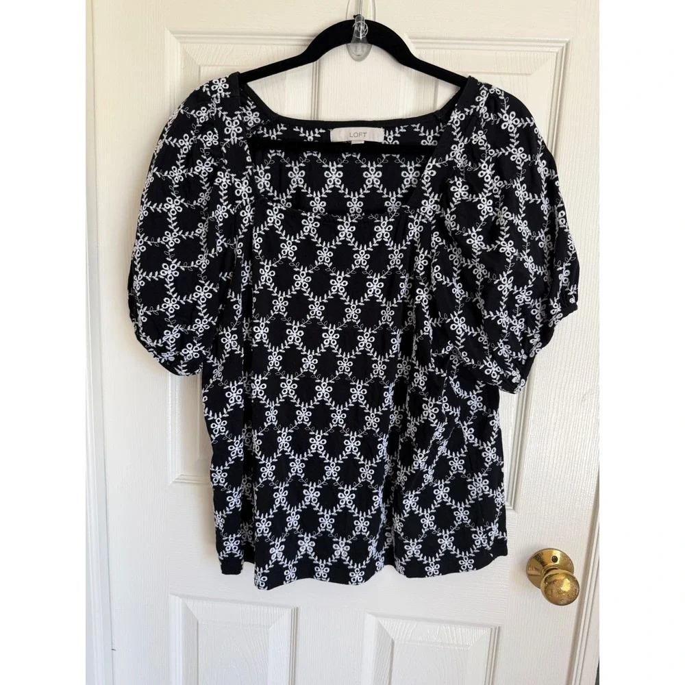 LOFT Black White Eyelet Embroidered Square Neck Puff Sleeve‎ Top Blouse XXL
